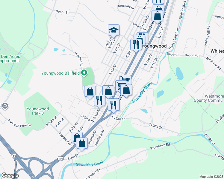 map of restaurants, bars, coffee shops, grocery stores, and more near 226 South 5th Street in Youngwood