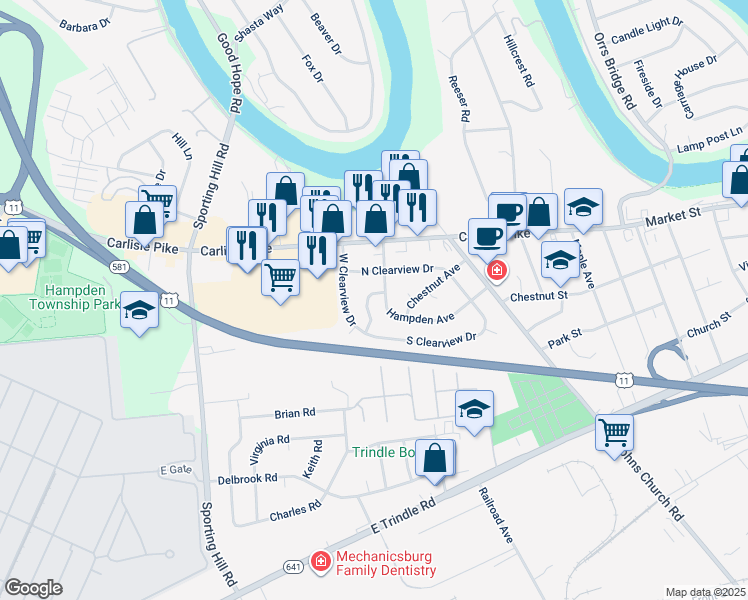 map of restaurants, bars, coffee shops, grocery stores, and more near 4702 Courtland Street in Camp Hill