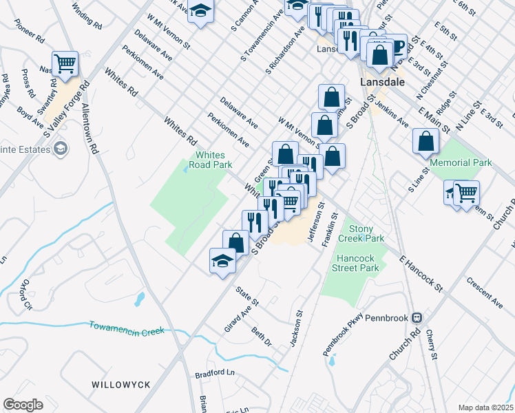 map of restaurants, bars, coffee shops, grocery stores, and more near 604 Rosemont Avenue in Lansdale