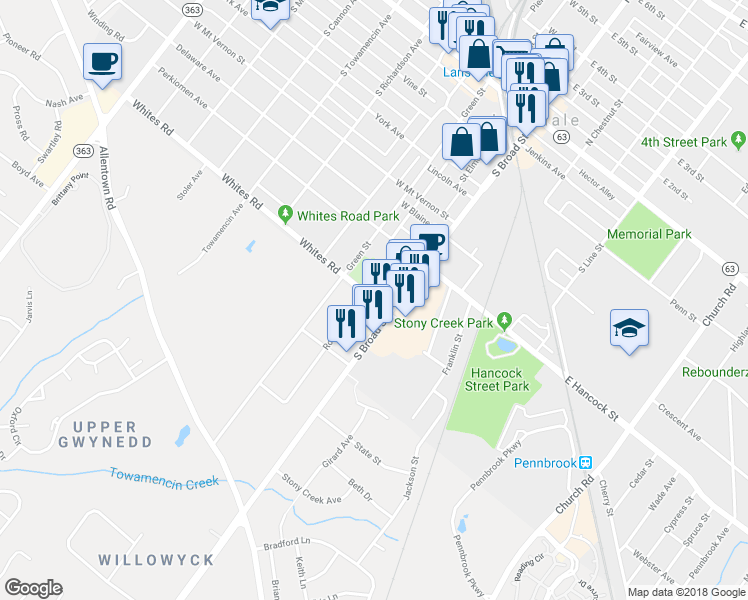 map of restaurants, bars, coffee shops, grocery stores, and more near 63 Whites Road in Lansdale