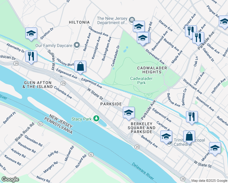 map of restaurants, bars, coffee shops, grocery stores, and more near 1312 Edgewood Avenue in Trenton