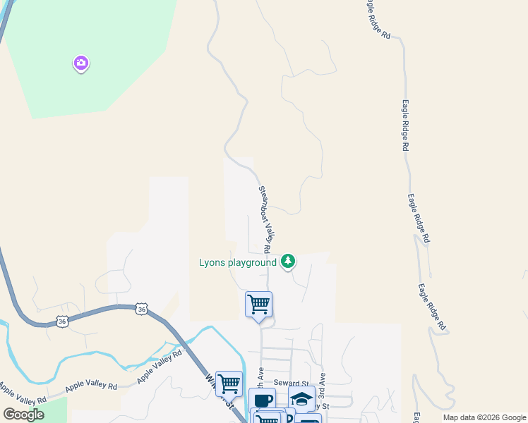 map of restaurants, bars, coffee shops, grocery stores, and more near 1501 Steamboat Valley Road in Lyons