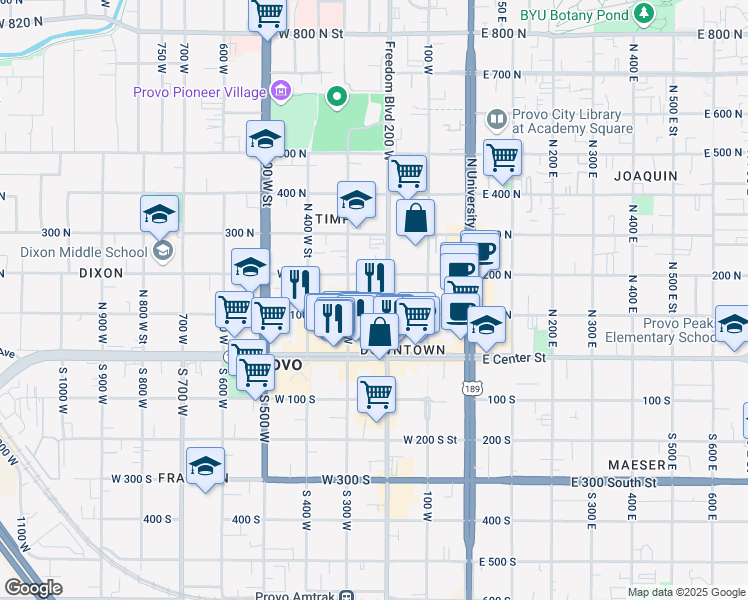 map of restaurants, bars, coffee shops, grocery stores, and more near 210 West 100 North in Provo