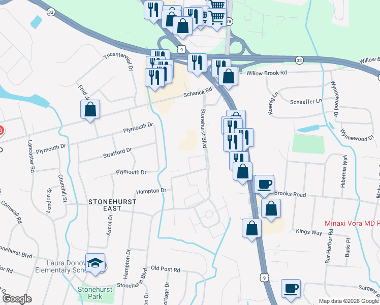 map of restaurants, bars, coffee shops, grocery stores, and more near 16 Windsor Terrace in Freehold