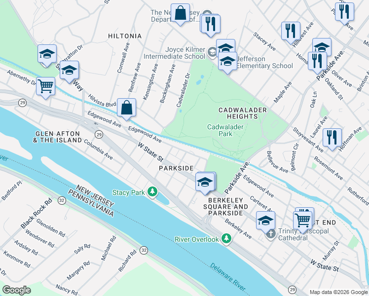 map of restaurants, bars, coffee shops, grocery stores, and more near 1318 Edgewood Avenue in Trenton