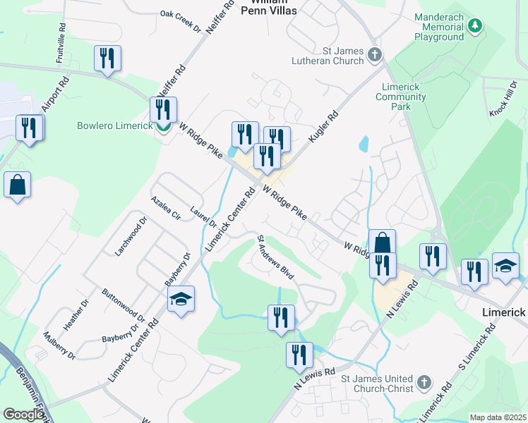 map of restaurants, bars, coffee shops, grocery stores, and more near 337 West Ridge Pike in Limerick