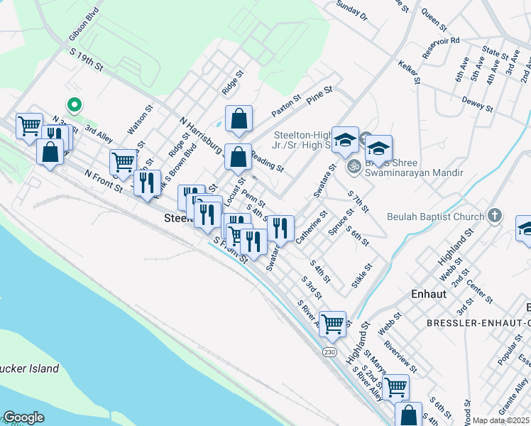 map of restaurants, bars, coffee shops, grocery stores, and more near 123 Penn Street in Steelton