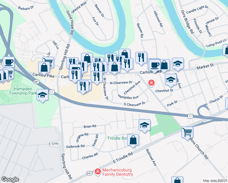 map of restaurants, bars, coffee shops, grocery stores, and more near 4702 Courtland Street in Camp Hill