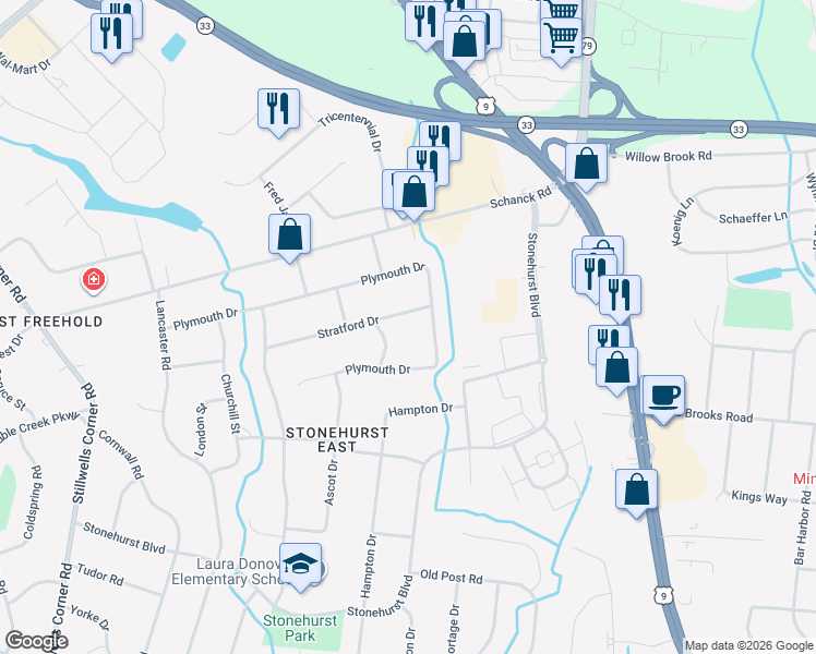 map of restaurants, bars, coffee shops, grocery stores, and more near 102 Stratford Drive in Freehold Township