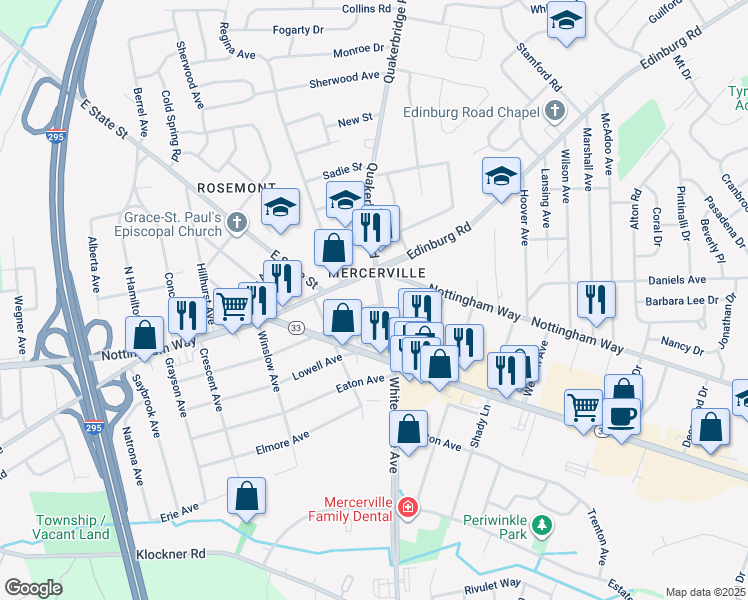 map of restaurants, bars, coffee shops, grocery stores, and more near 488 Fenwood Avenue in Trenton