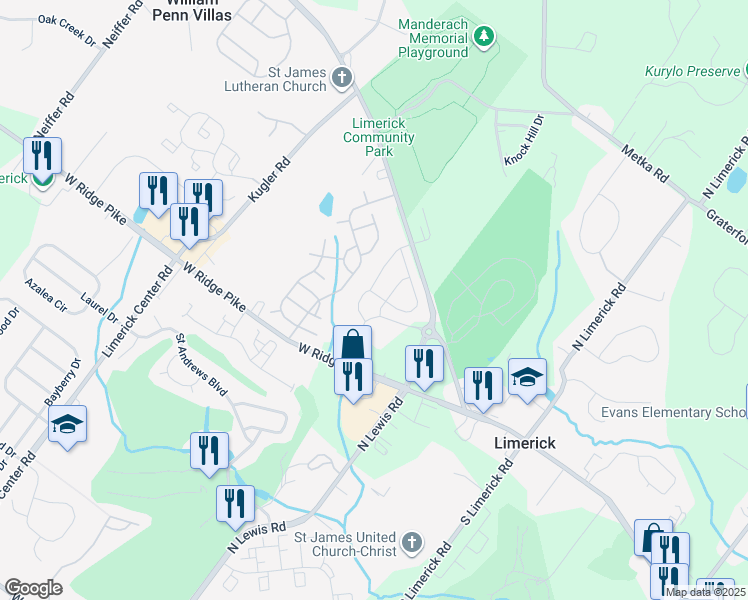map of restaurants, bars, coffee shops, grocery stores, and more near 104 Larrabee Way in Royersford