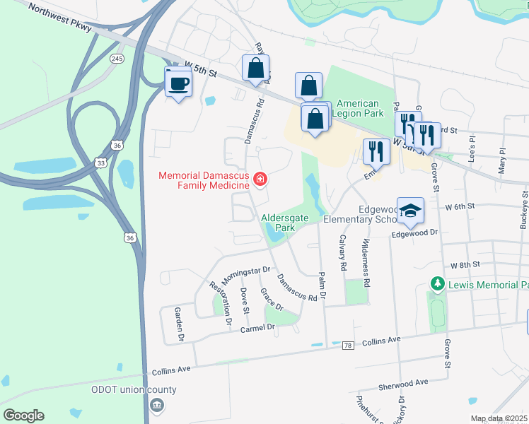 map of restaurants, bars, coffee shops, grocery stores, and more near 398 Damascus Road in Marysville