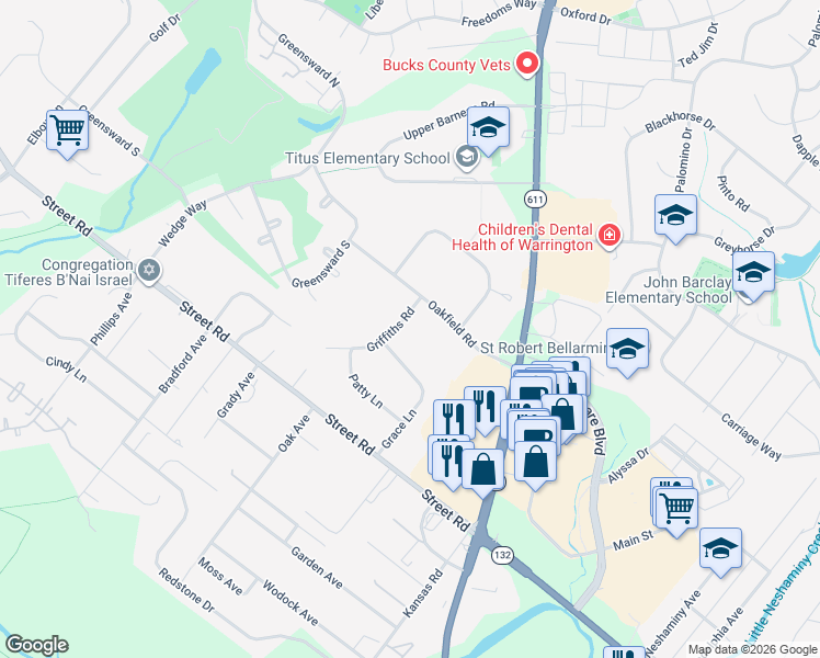 map of restaurants, bars, coffee shops, grocery stores, and more near 2288 Oakfield Road in Warrington