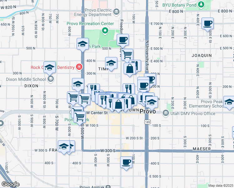 map of restaurants, bars, coffee shops, grocery stores, and more near 137 North Freedom Boulevard in Provo