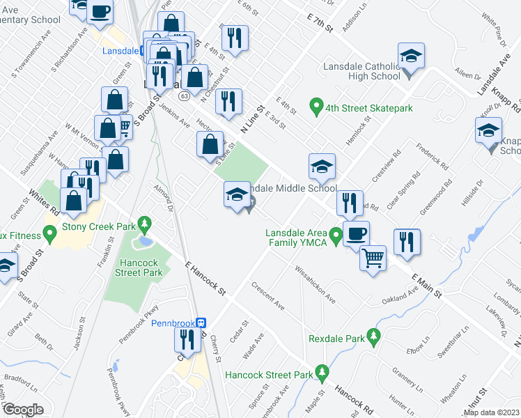 map of restaurants, bars, coffee shops, grocery stores, and more near 100 Woodland Drive in Lansdale