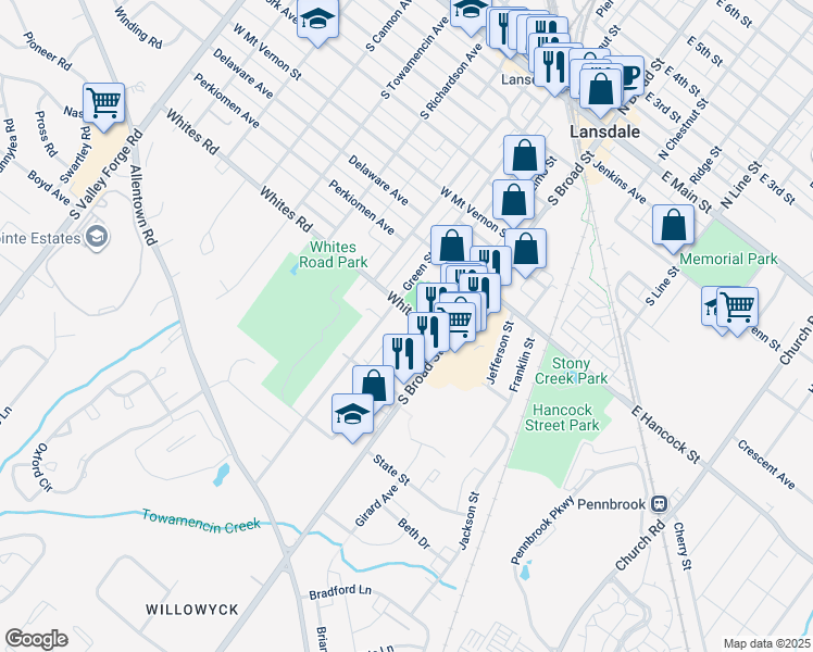map of restaurants, bars, coffee shops, grocery stores, and more near 604 Rosemont Avenue in Lansdale