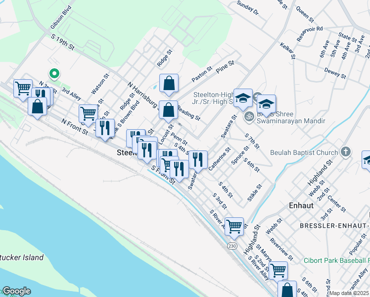 map of restaurants, bars, coffee shops, grocery stores, and more near 119 South 4th Street in Steelton
