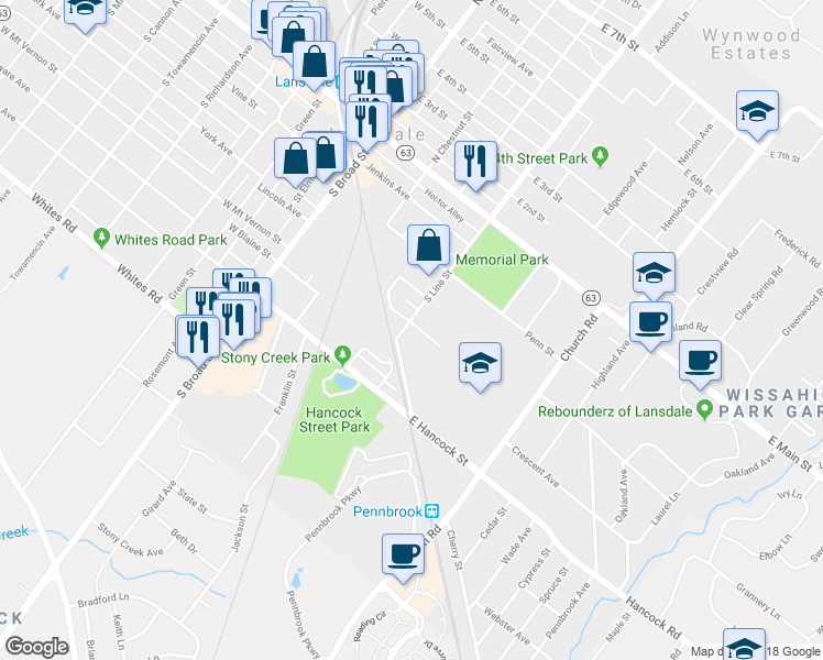 map of restaurants, bars, coffee shops, grocery stores, and more near 202 East Mount Vernon Street in Lansdale