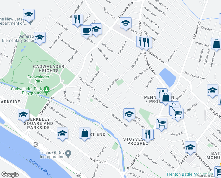 map of restaurants, bars, coffee shops, grocery stores, and more near 147 Hoffman Avenue in Trenton