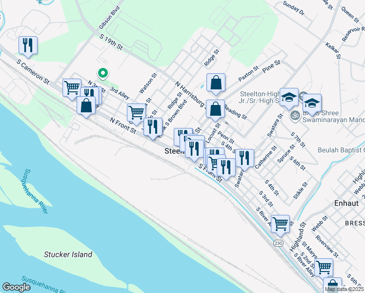 map of restaurants, bars, coffee shops, grocery stores, and more near 19 Pine Street in Steelton
