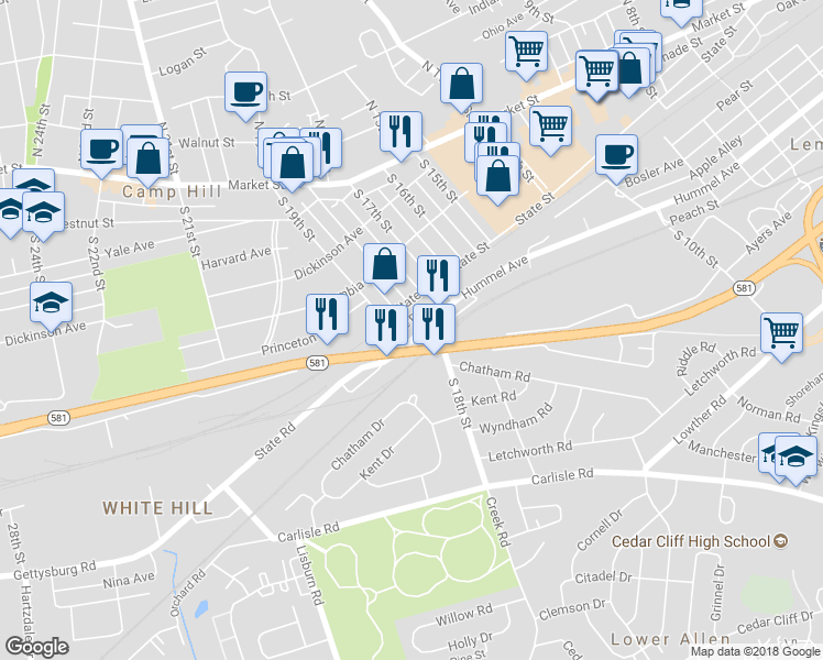 map of restaurants, bars, coffee shops, grocery stores, and more near 14 Hummel Avenue in Camp Hill