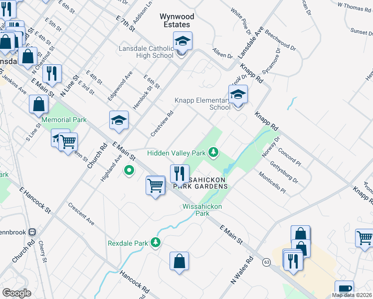 map of restaurants, bars, coffee shops, grocery stores, and more near 312 Greenwood Road in Lansdale
