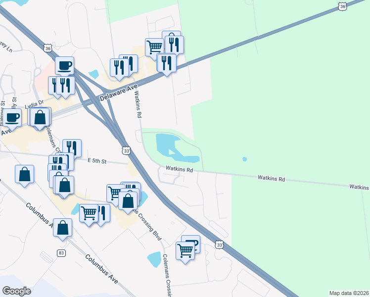 map of restaurants, bars, coffee shops, grocery stores, and more near 15760 Watkins Road in Marysville