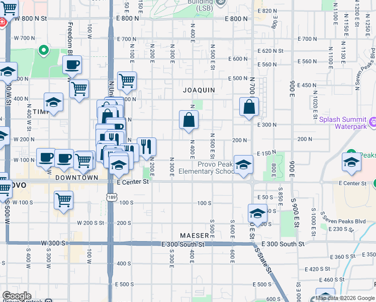 map of restaurants, bars, coffee shops, grocery stores, and more near 356 200 North in Provo