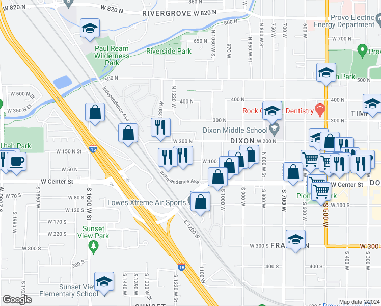 map of restaurants, bars, coffee shops, grocery stores, and more near 1189 200 North in Provo