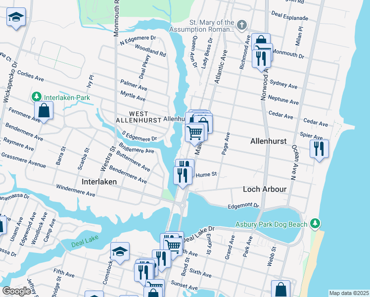 map of restaurants, bars, coffee shops, grocery stores, and more near Lake Drive in Allenhurst