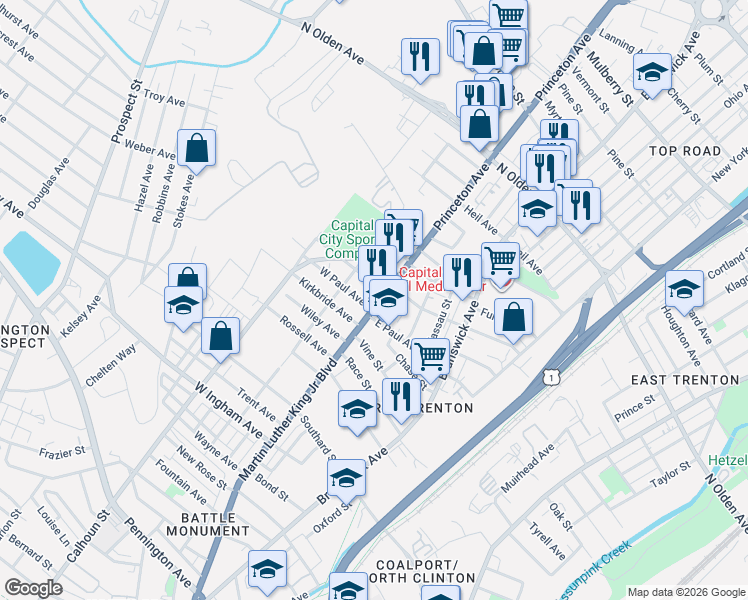 map of restaurants, bars, coffee shops, grocery stores, and more near 1125 Martin Luther King Junior Boulevard in Trenton