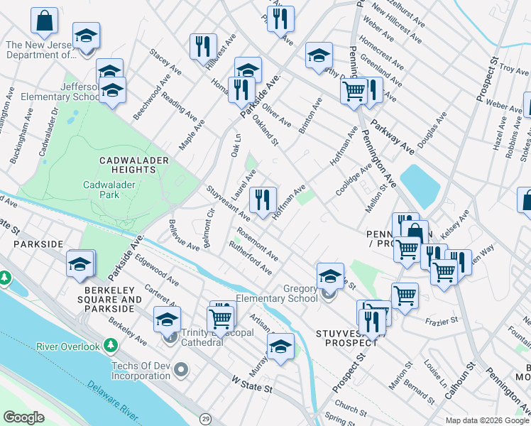 map of restaurants, bars, coffee shops, grocery stores, and more near 38 Bryn Mawr Avenue in Trenton