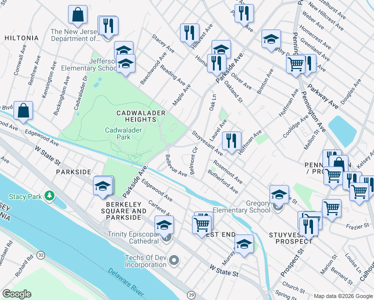 map of restaurants, bars, coffee shops, grocery stores, and more near 19 Whittier Avenue in Trenton