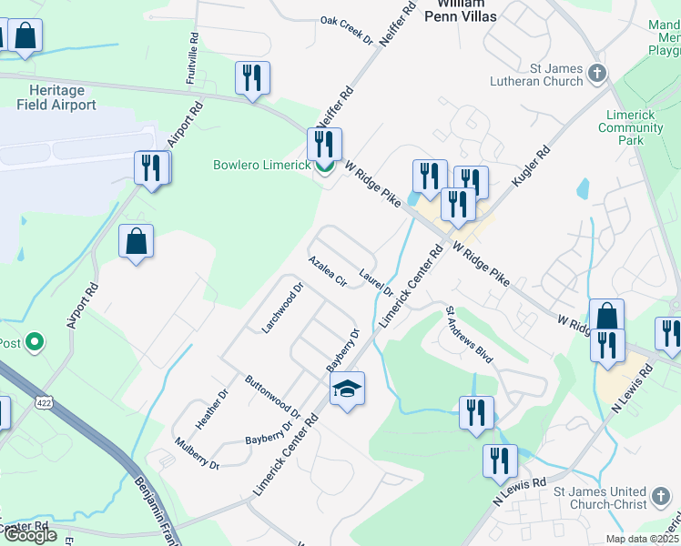 map of restaurants, bars, coffee shops, grocery stores, and more near 194 Azalea Circle in Royersford