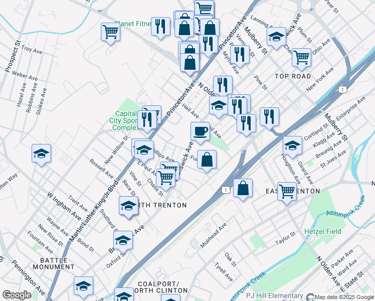 map of restaurants, bars, coffee shops, grocery stores, and more near Brunswick Ave & Miller St in Trenton