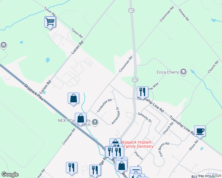 map of restaurants, bars, coffee shops, grocery stores, and more near 4330 Annandale Drive in Schwenksville