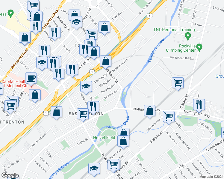 map of restaurants, bars, coffee shops, grocery stores, and more near 118 East Trenton Avenue in Trenton