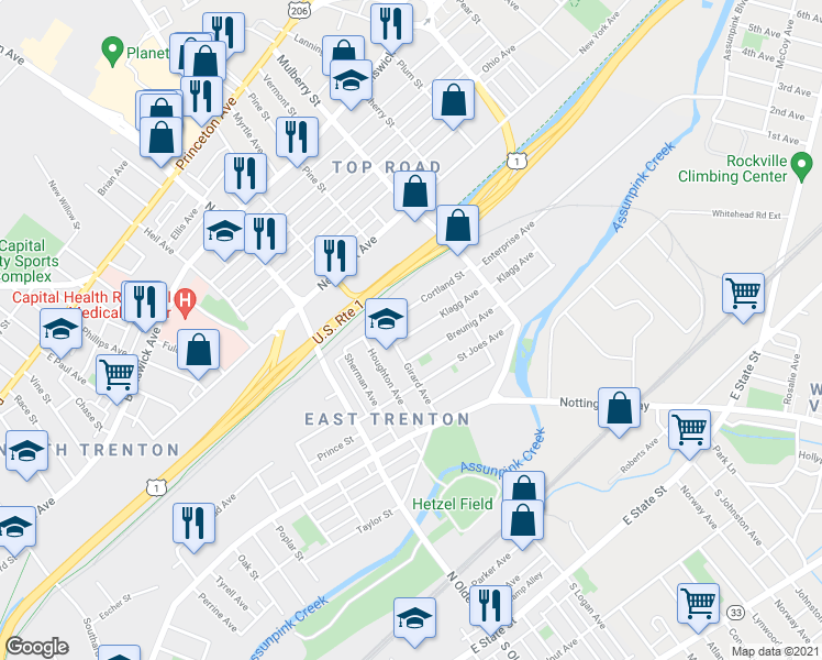 map of restaurants, bars, coffee shops, grocery stores, and more near 29 Klagg Avenue in Trenton