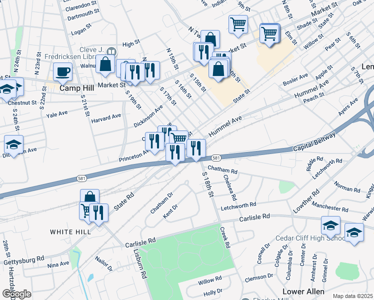 map of restaurants, bars, coffee shops, grocery stores, and more near 12 Hummel Avenue in Camp Hill