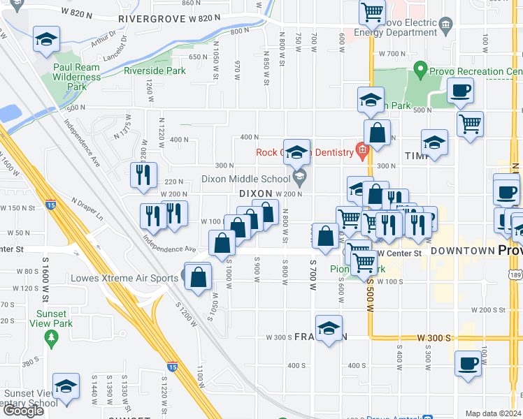 map of restaurants, bars, coffee shops, grocery stores, and more near 142 North 900 West in Provo