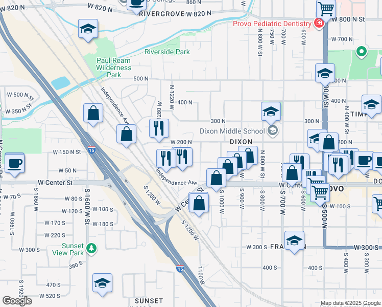 map of restaurants, bars, coffee shops, grocery stores, and more near 1146 West 100 North in Provo