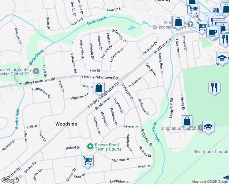 map of restaurants, bars, coffee shops, grocery stores, and more near 968 Randolph Drive in Yardley