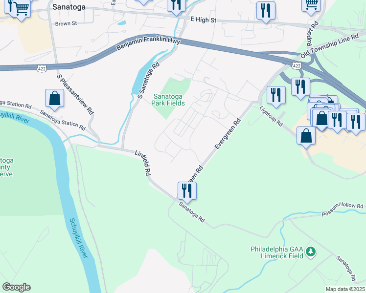 map of restaurants, bars, coffee shops, grocery stores, and more near 297 Evergreen Road in Pottstown