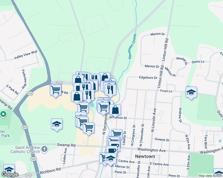 map of restaurants, bars, coffee shops, grocery stores, and more near 295 North Sycamore Street in Newtown