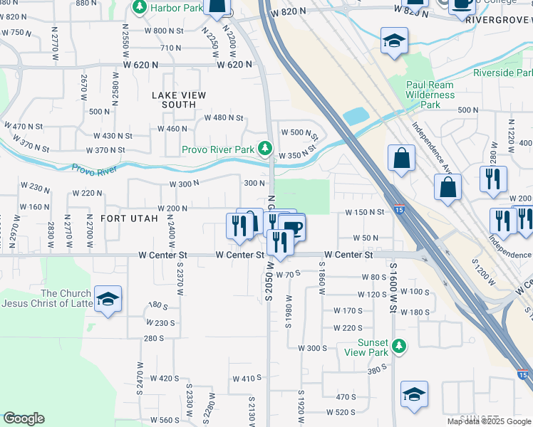 map of restaurants, bars, coffee shops, grocery stores, and more near 201 North Geneva Road in Provo