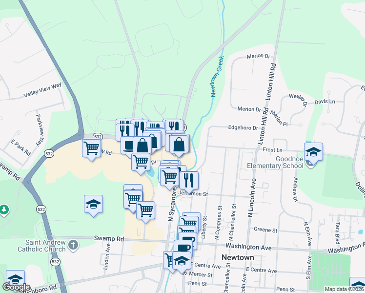 map of restaurants, bars, coffee shops, grocery stores, and more near 301 Washington Crossing Road in Newtown