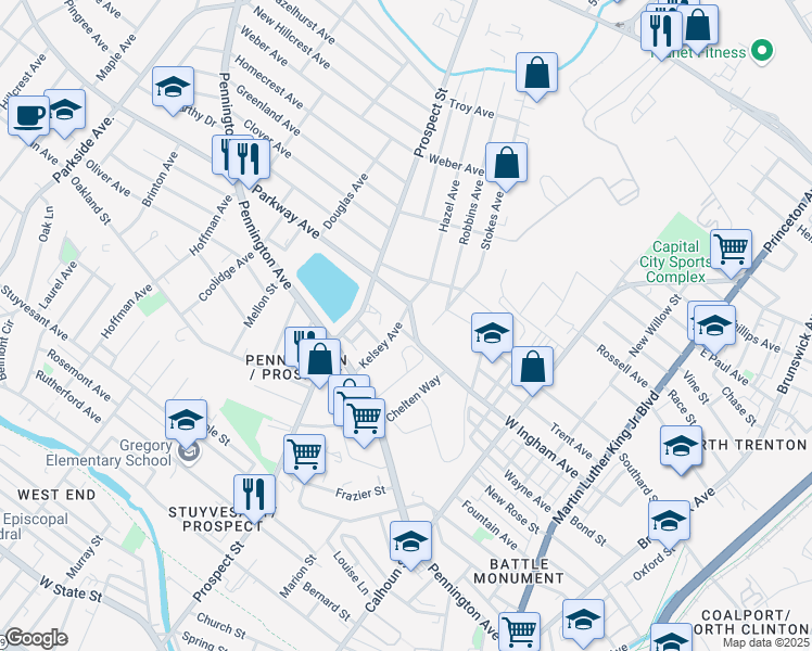 map of restaurants, bars, coffee shops, grocery stores, and more near 1 Parkway Avenue in Ewing Township