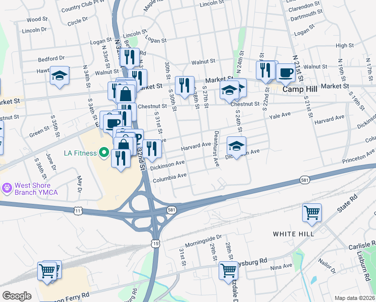 map of restaurants, bars, coffee shops, grocery stores, and more near 2917 Harvard Avenue in Camp Hill
