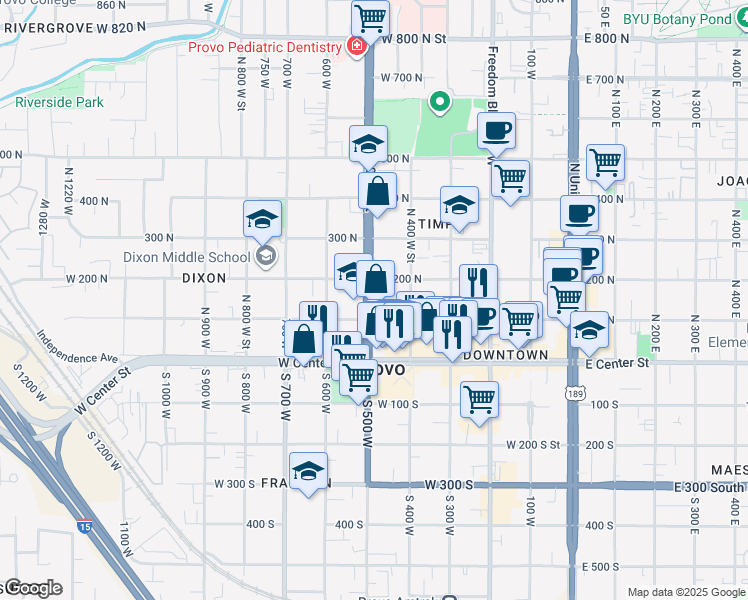map of restaurants, bars, coffee shops, grocery stores, and more near 146 North 500 West in Provo