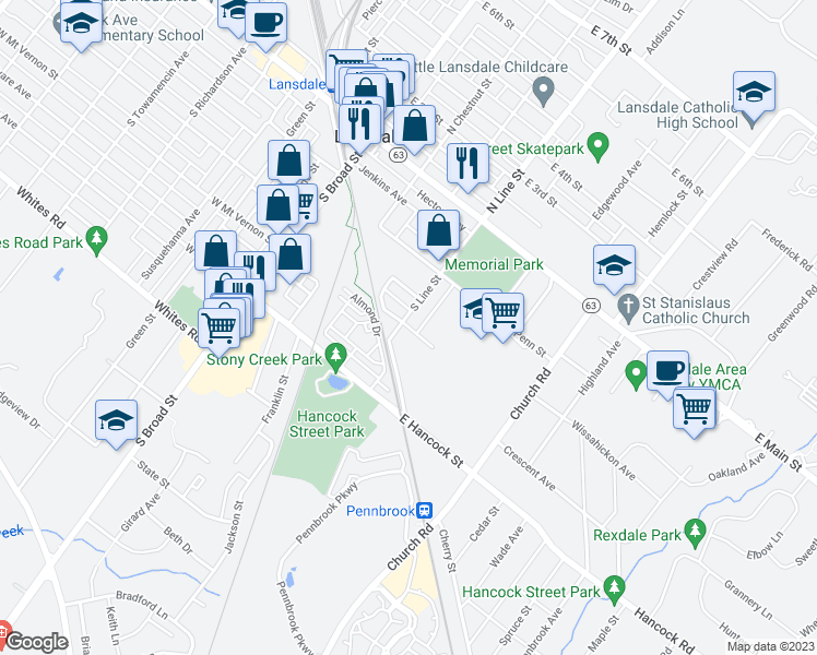 map of restaurants, bars, coffee shops, grocery stores, and more near 221 East Mount Vernon Street in Lansdale